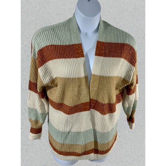 Nine West Fall Colors Striped Lightweight Knit Open Front Cardigan Sweater Large - Picture 9 of 9